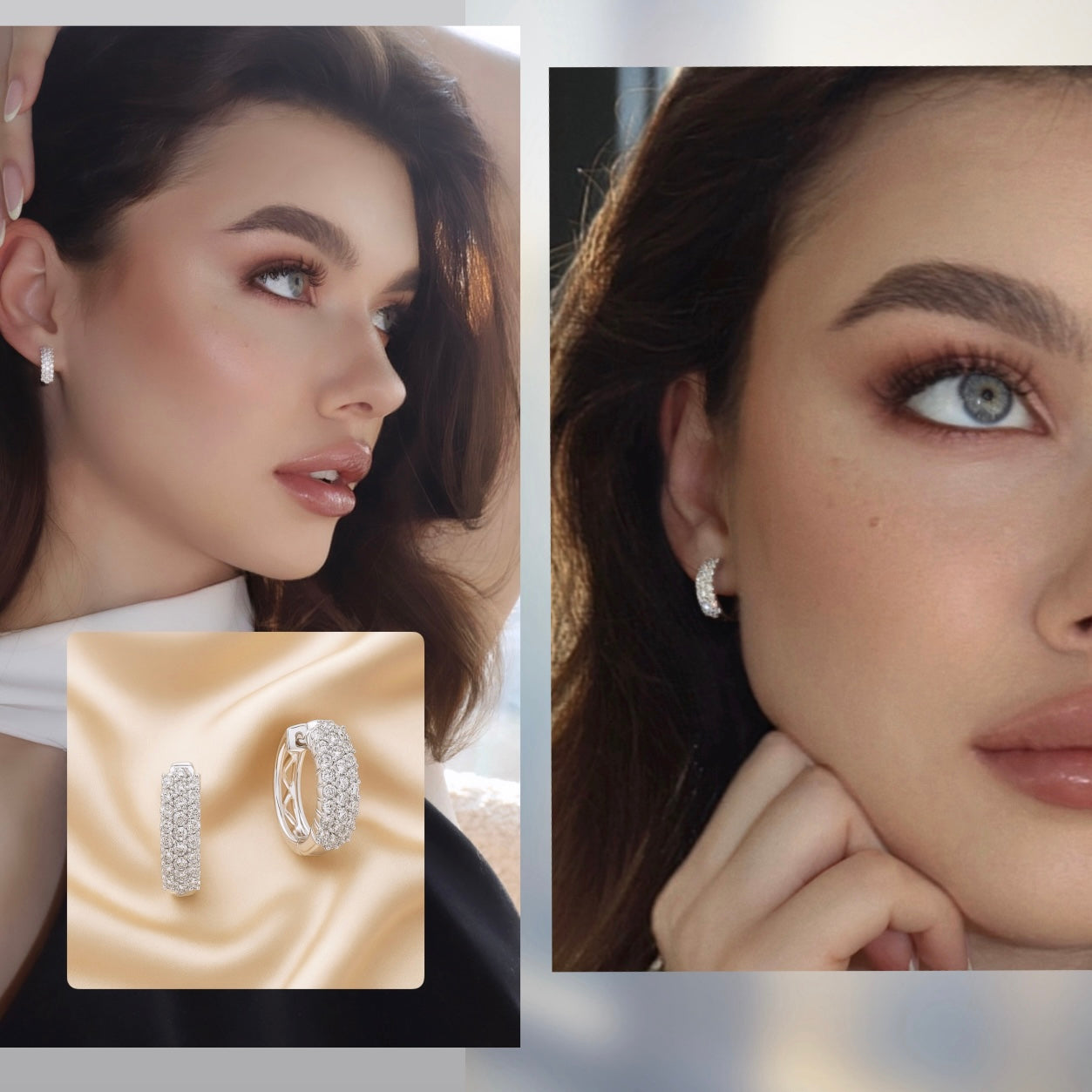Three-Row Pavé Diamond Hoop Earrings in 14K White Gold