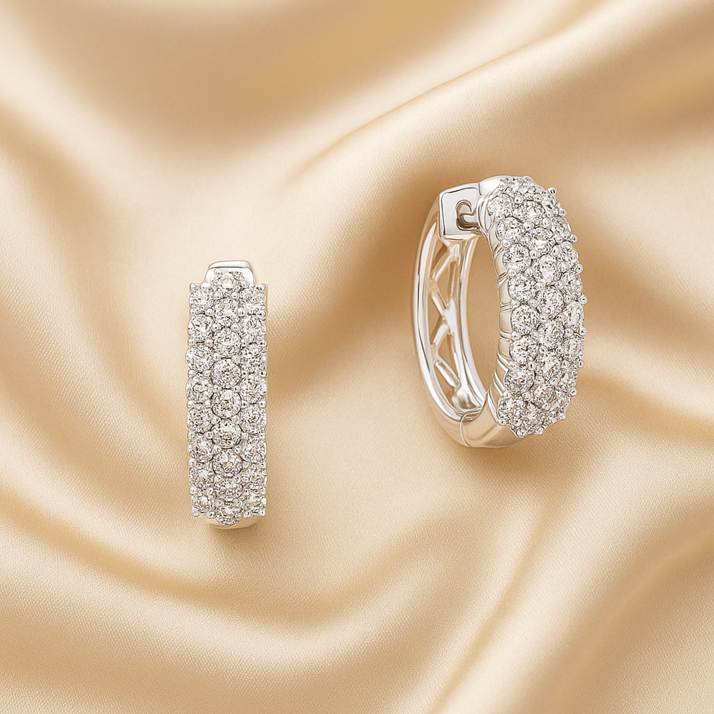 Three-Row Pavé Diamond Hoop Earrings in 14K White Gold