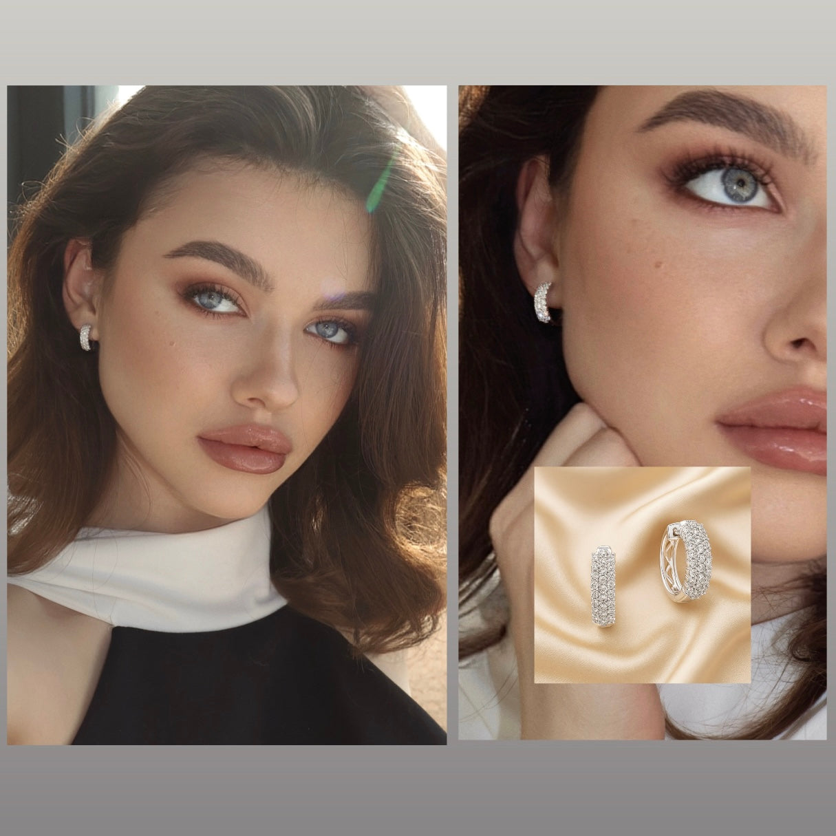 Three-Row Pavé Diamond Hoop Earrings in 14K White Gold