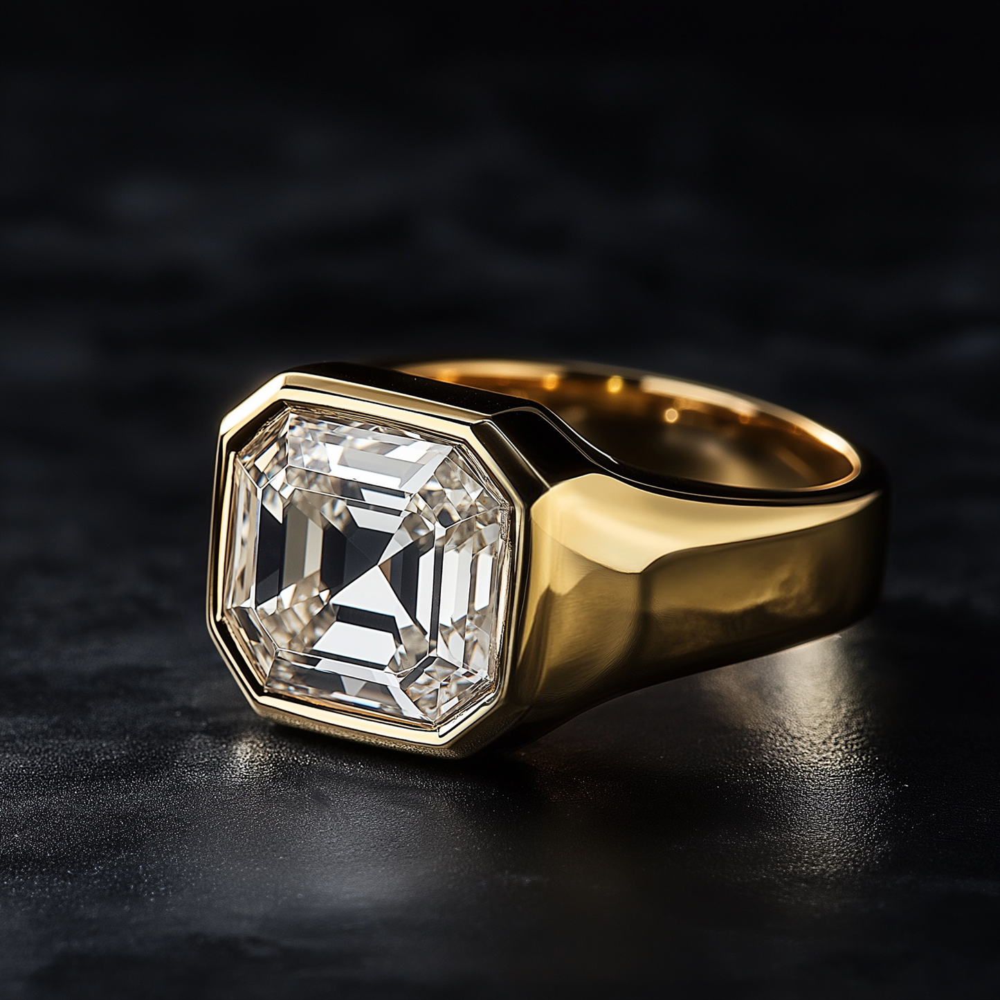 The Double G — Men’s Signet Ring in 18K Yellow Gold with 5ct Asscher Cut Diamond