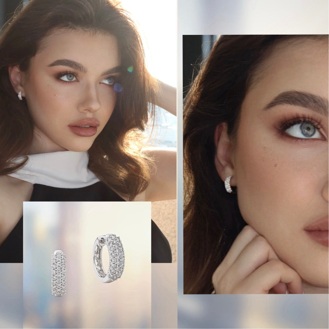 Three-Row Pavé Diamond Hoop Earrings in 14K White Gold