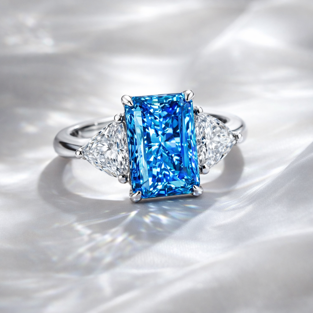 Étoile Bleu — Radiant-Cut Three-Stone Blue Diamond Ring
