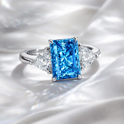 Étoile Bleu — Radiant-Cut Three-Stone Blue Diamond Ring