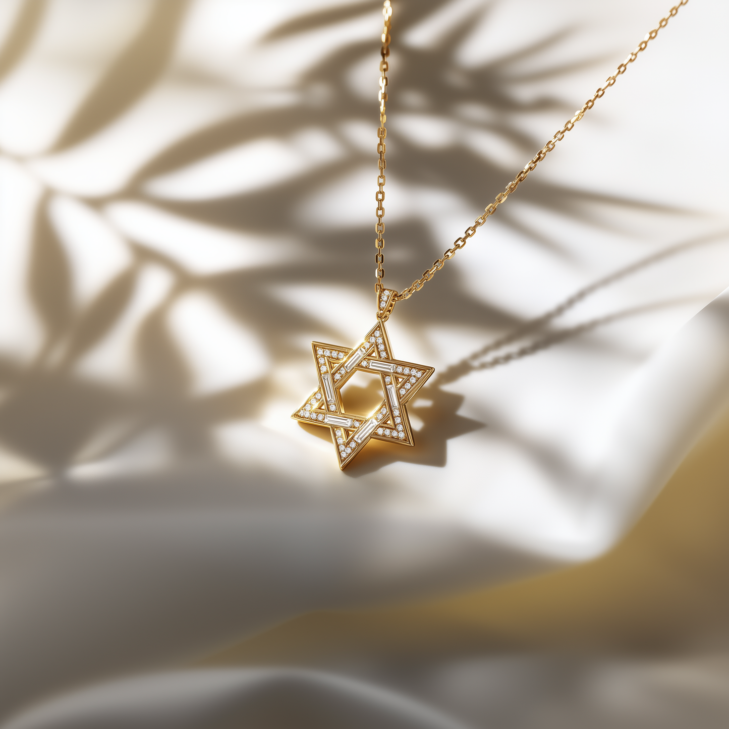 Star of David Pendant - 18k Yellow Gold with Diamond Baguettes