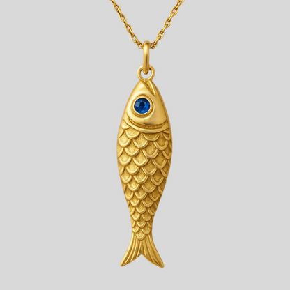 Blue-Eyed Fish Pendant Necklace — 18K Yellow Gold