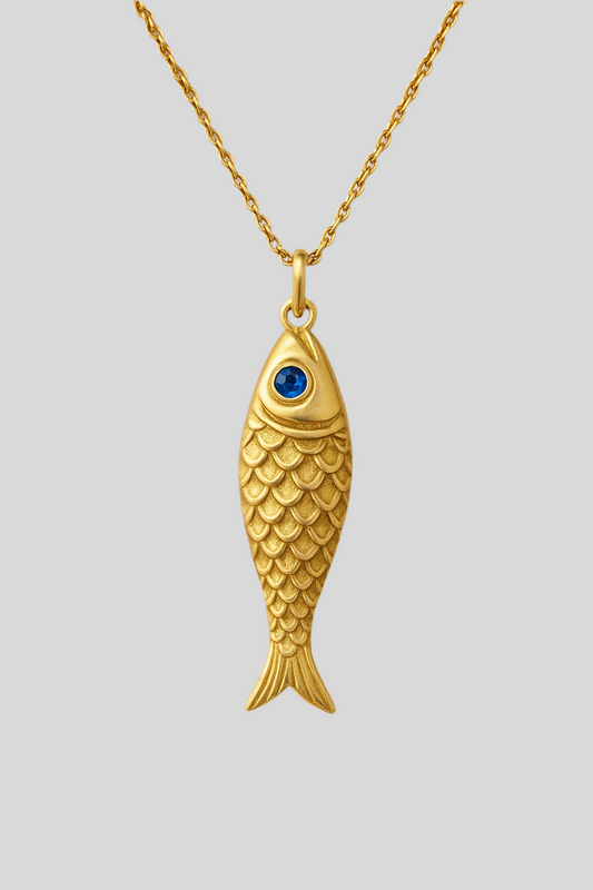 Blue-Eyed Fish Pendant Necklace — 18K Yellow Gold