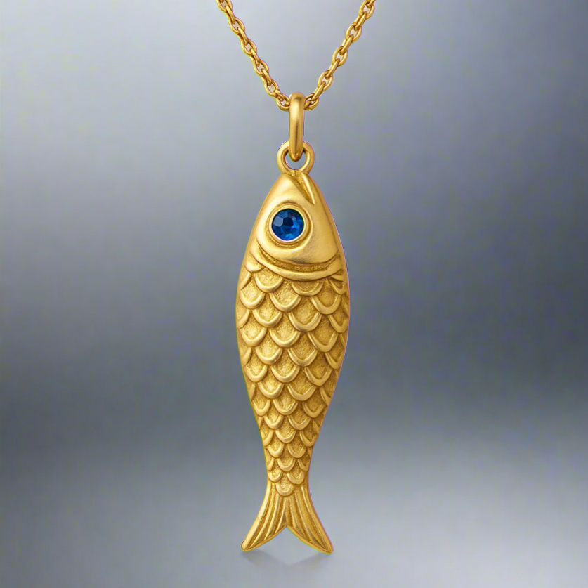 Blue-Eyed Fish Pendant Necklace — 18K Yellow Gold