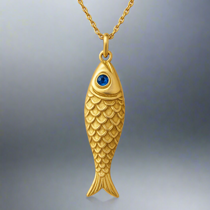 Blue-Eyed Fish Pendant Necklace — 18K Yellow Gold
