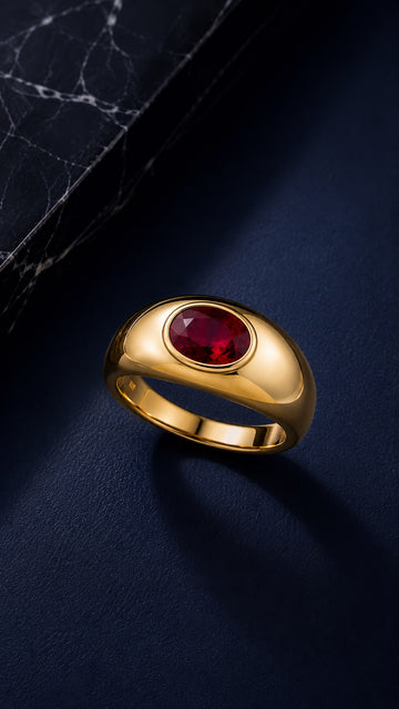 Bague chevalière ovale sertie d'un rubis