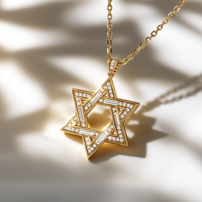 Star of David Pendant - 18k Yellow Gold with Diamond Baguettes