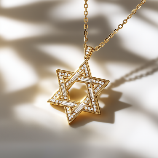 Star of David Pendant - 18k Yellow Gold with Diamond Baguettes