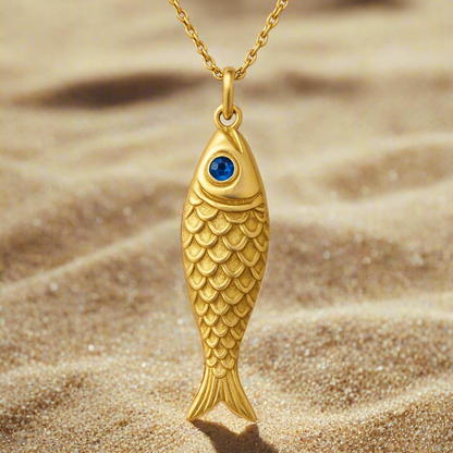 Blue-Eyed Fish Pendant Necklace — 18K Yellow Gold
