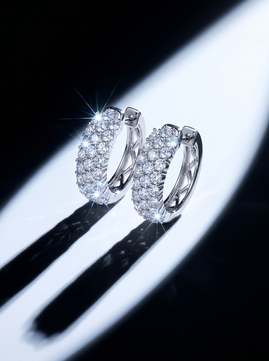 Three-Row Pavé Diamond Hoop Earrings in 14K White Gold