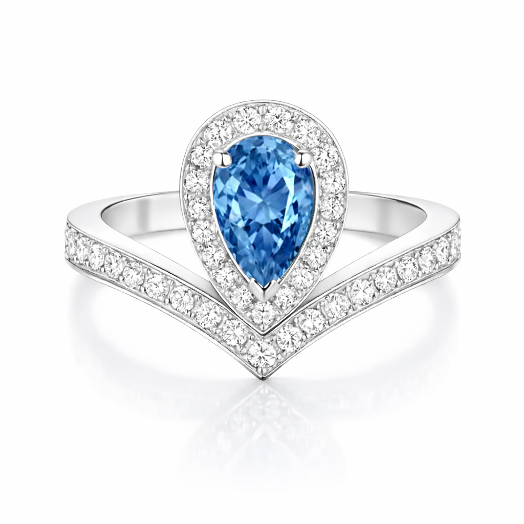 Azure V Halo Pear Diamond Ring