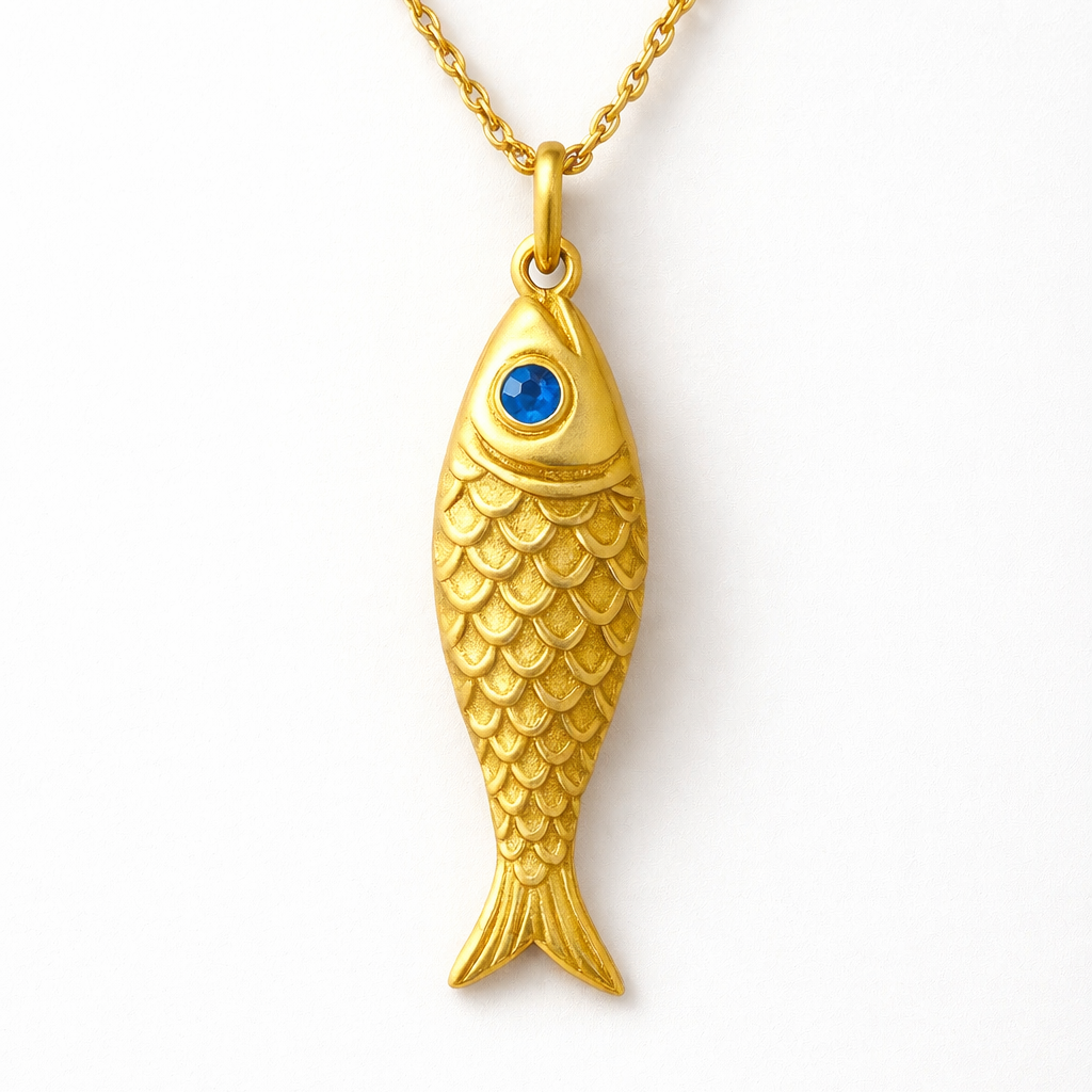 Blue-Eyed Fish Pendant Necklace — 18K Yellow Gold