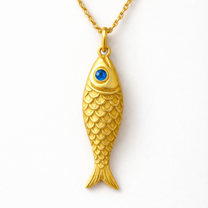 Blue-Eyed Fish Pendant Necklace — 18K Yellow Gold